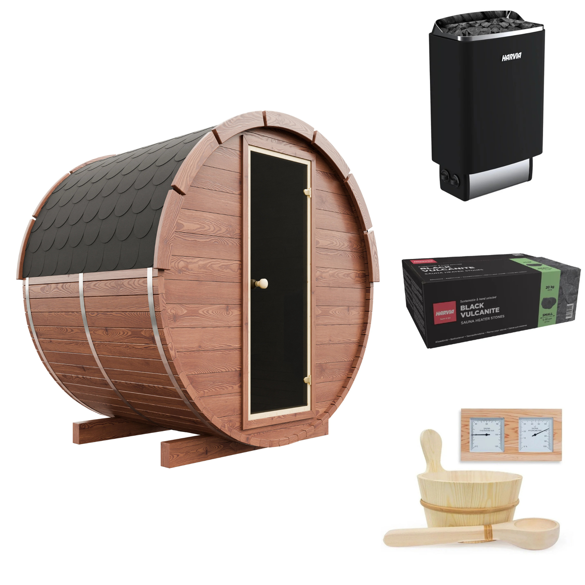Complete 3 Person Barrel Sauna Bundle — 145cm Scandinavian Spruce Barrel Sauna, Harvia M60 6kW