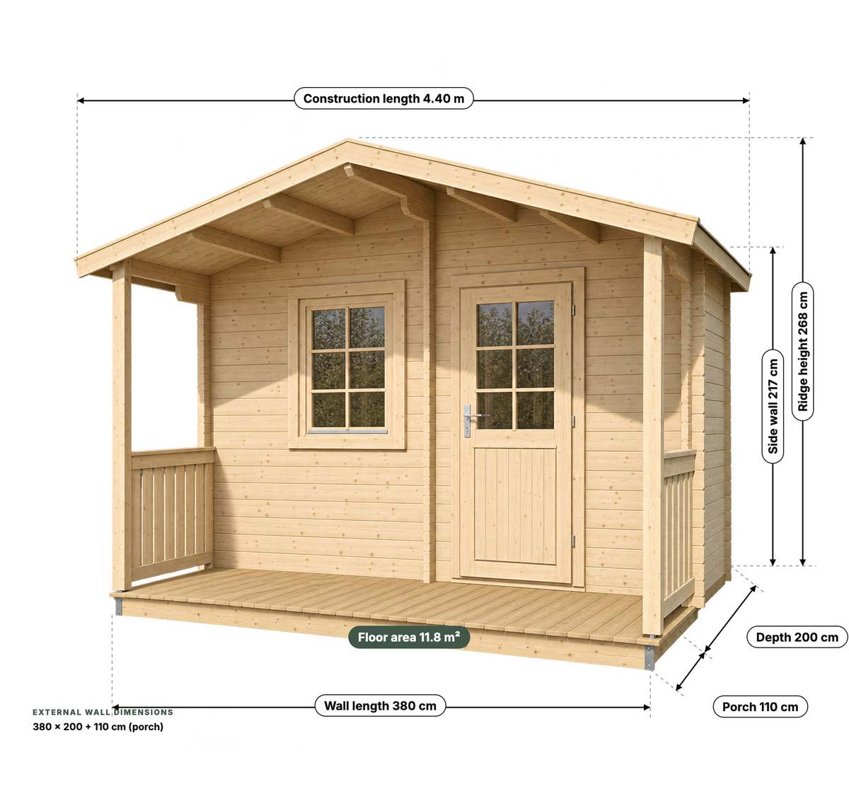 Glen Sauna Cabin with Porch – 380cm (Best For 4 - 6 People) – Wood-Burning Heater & Chimney Included
