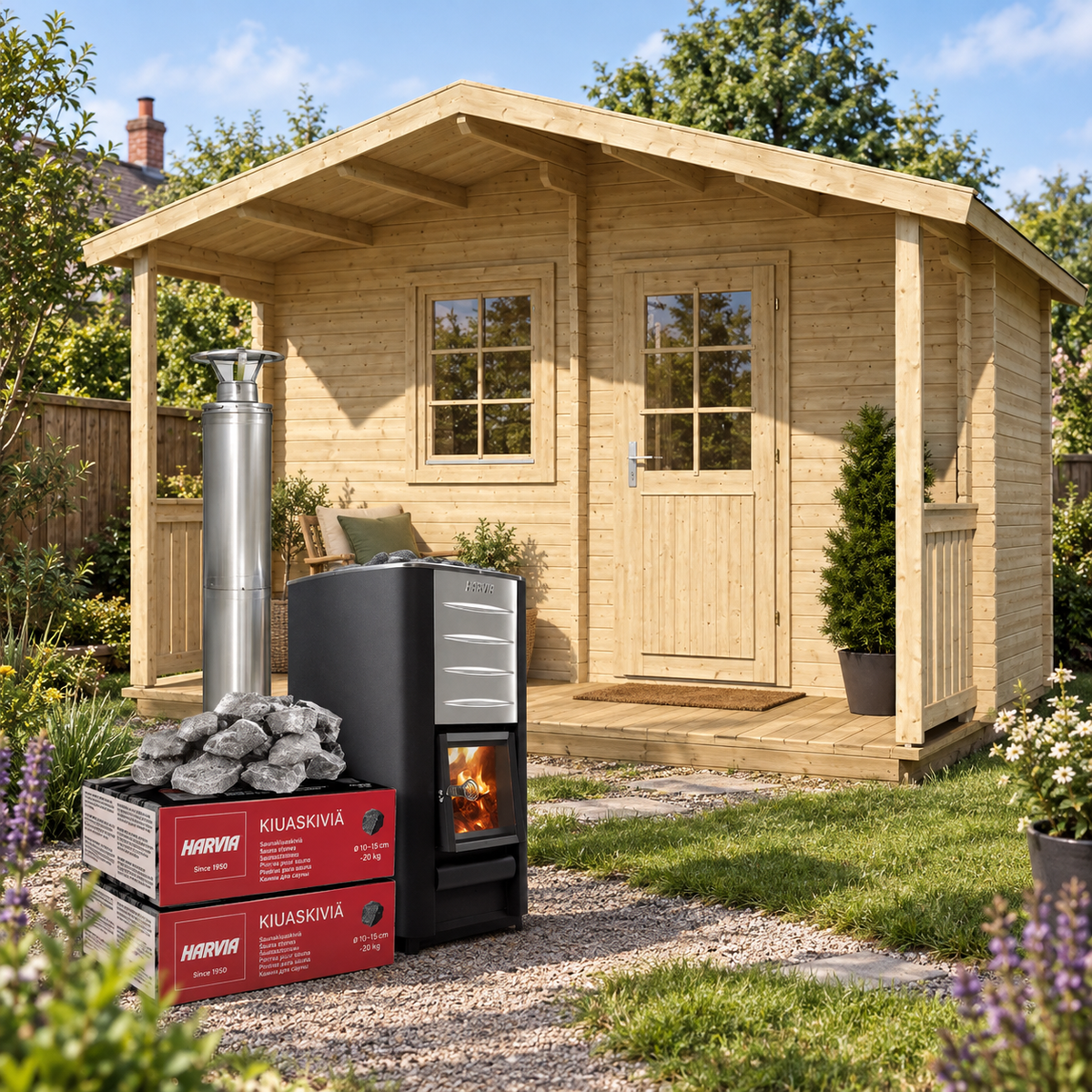 Glen Sauna Cabin with Porch – 380cm (Best For 4 - 6 People) – Wood-Burning Heater & Chimney Included