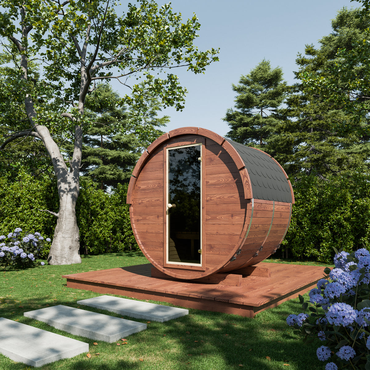 Outdoor Wood Barrel Sauna - 145cm Wide (Best For 2 - 3 People)