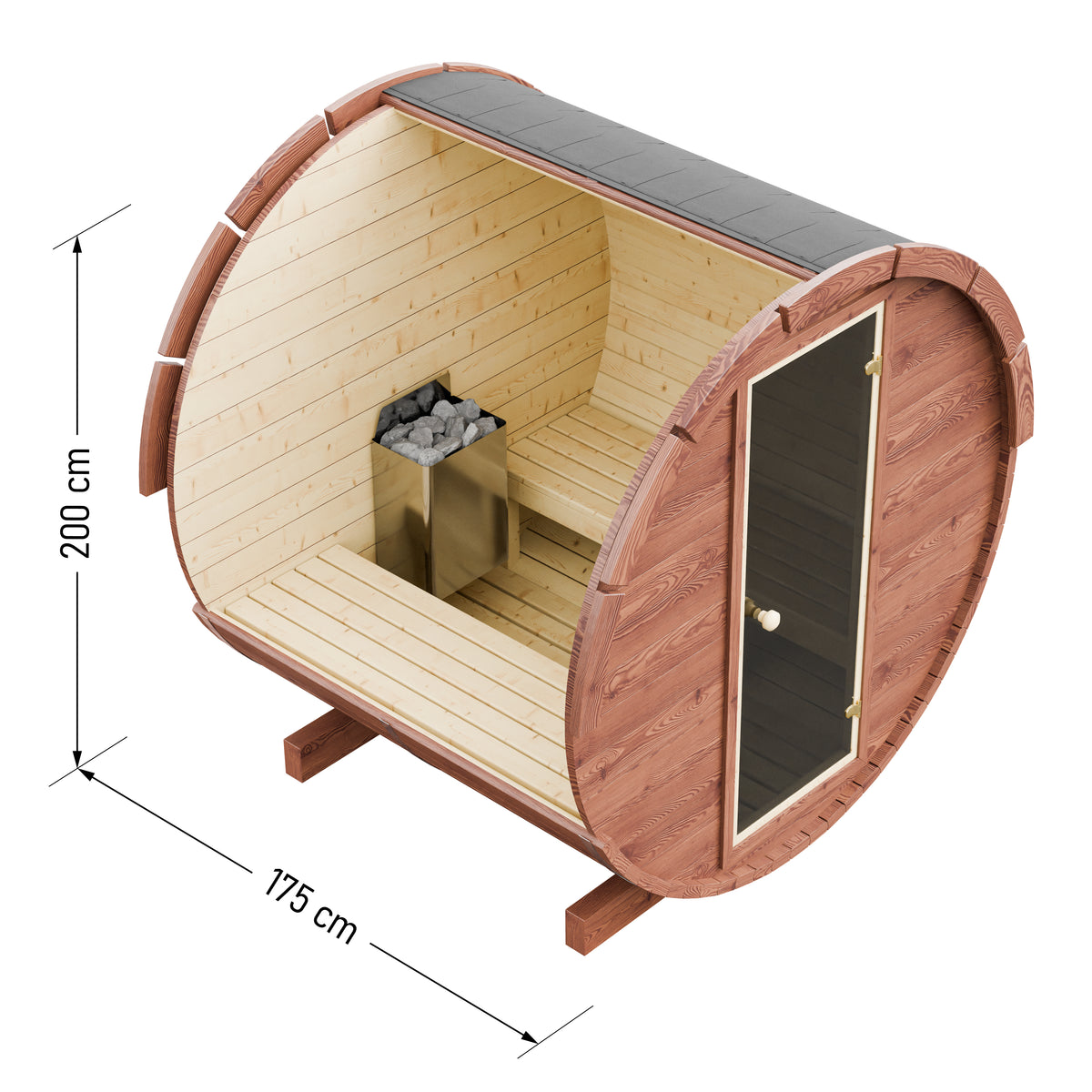 Complete 4 Person Barrel Sauna Bundle — 175cm Scandinavian Spruce Barrel Sauna, Harvia M60 6kW Heater & Wooden Accessory Kit