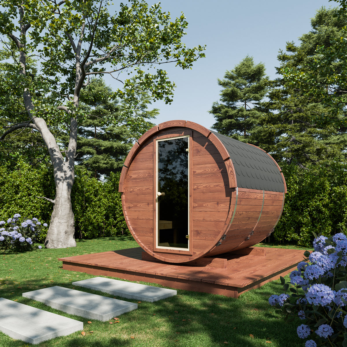 Outdoor Wood Barrel Sauna - 200cm Wide (Best For 4 - 6 People)