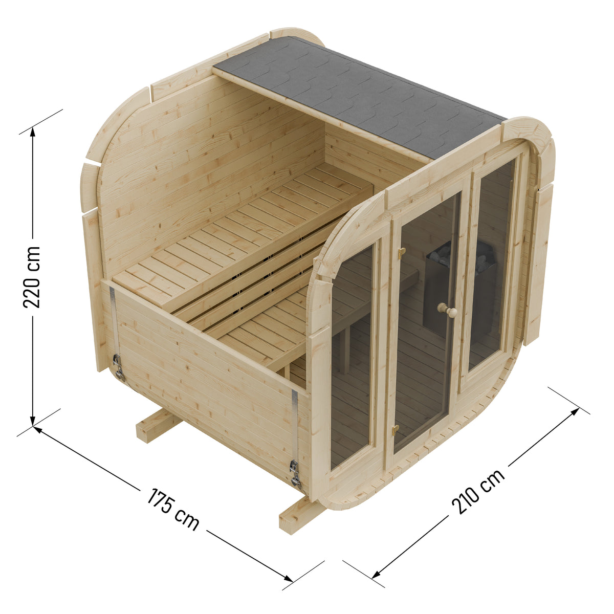 Outdoor Wood Quadro Sauna - Full Glass Doors - 175cm Wide (Best For 2 - 4 People)