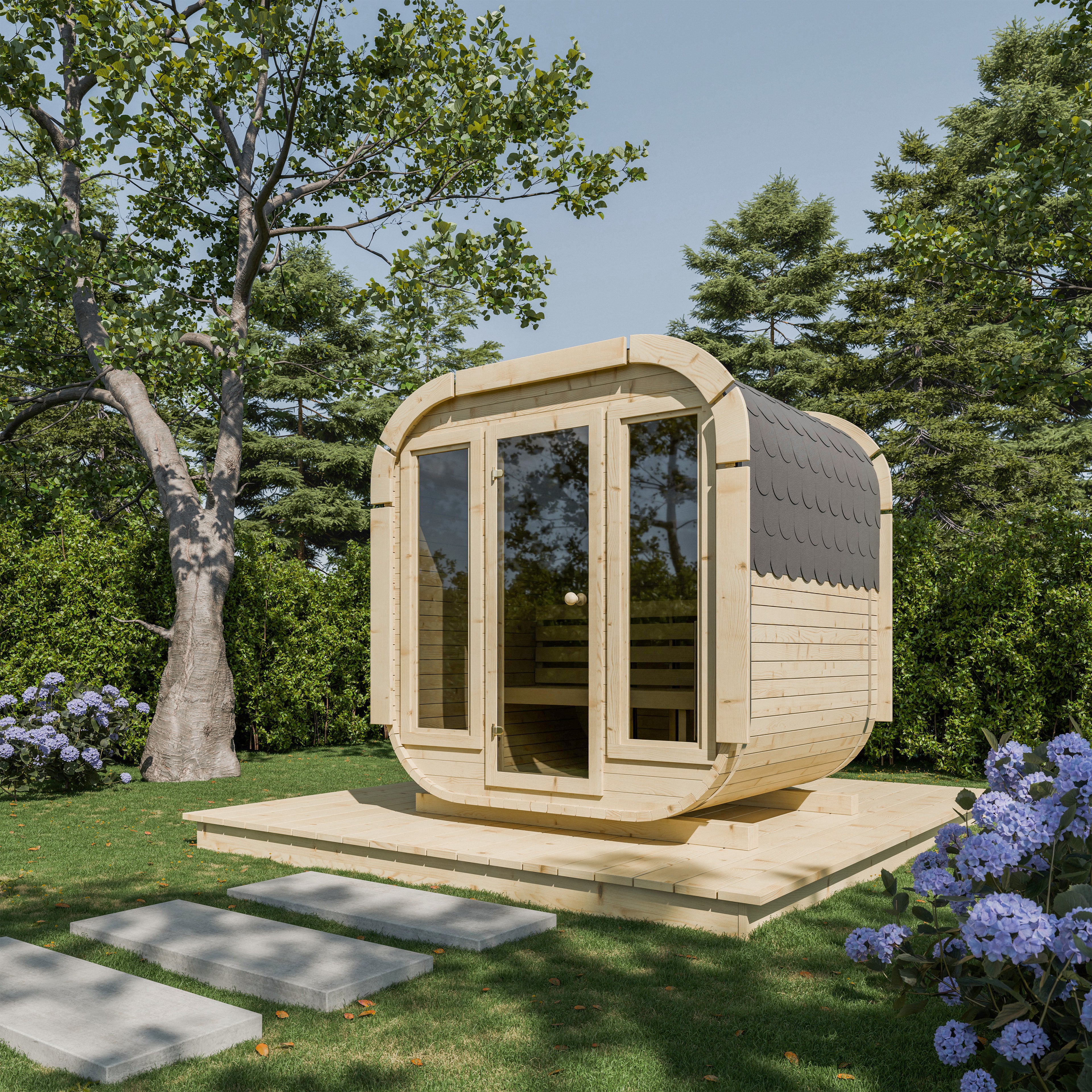 Outdoor Wood Quadro Sauna - Full Glass Doors - 175cm Wide (Best For 2 - 4 People)