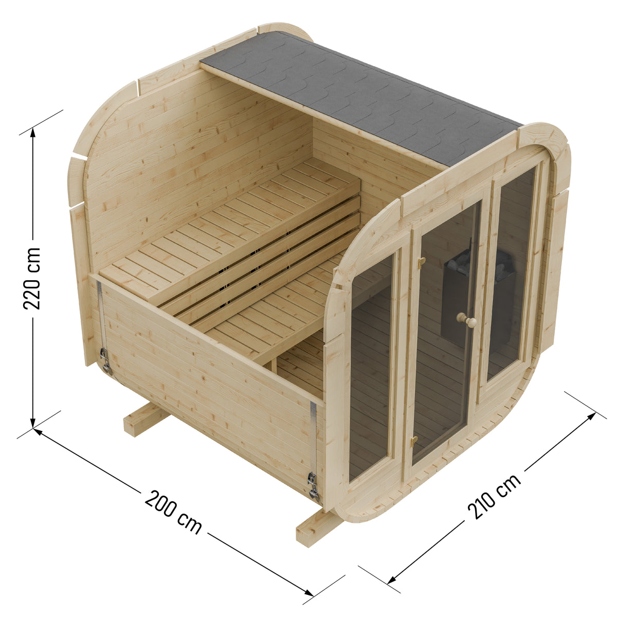 Outdoor Wood Quadro Sauna - Full Glass Doors - 200cm Wide (Best For 4 - 6 People)