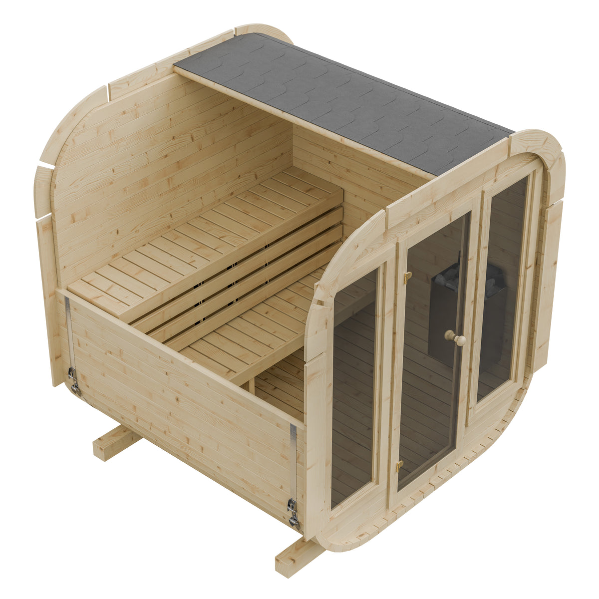 Outdoor Wood Quadro Sauna - Full Glass Doors - 200cm Wide (Best For 4 - 6 People)
