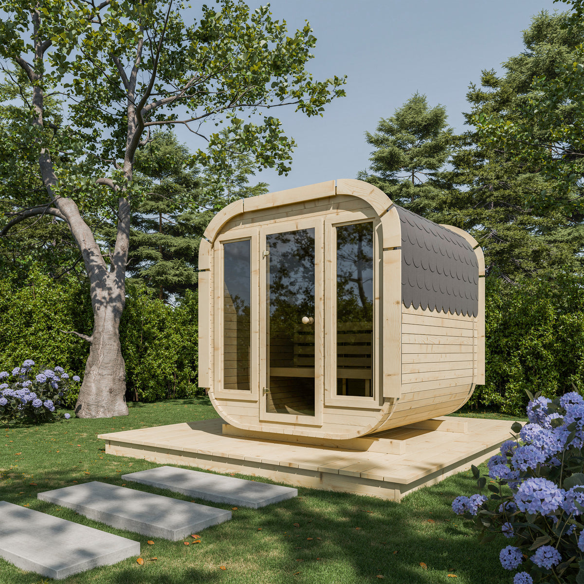 Outdoor Wood Quadro Sauna - Full Glass Doors - 200cm Wide (Best For 4 - 6 People)