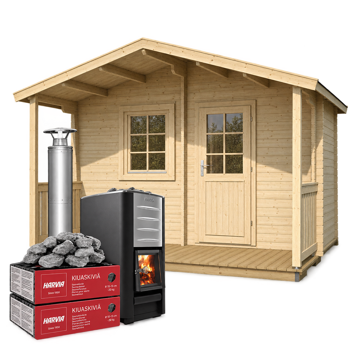 Glen Sauna Cabin with Porch – 380cm (Best For 4 - 6 People) – Wood-Burning Heater & Chimney Included