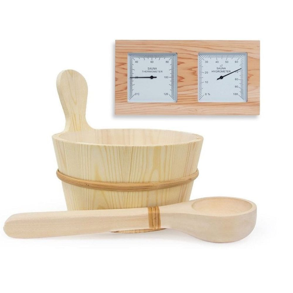Wooden Bucket, Ladle & Thermometer/Hygrometer